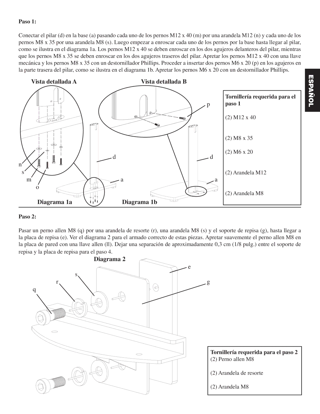 Sanus Systems PFFP manual Paso, Tornillería requerida para el paso 