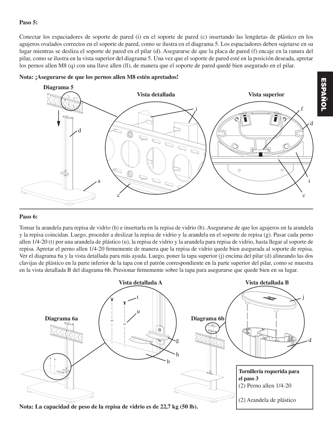 Sanus Systems PFFP manual Perno allen 1/4-20 Arandela de plástico 