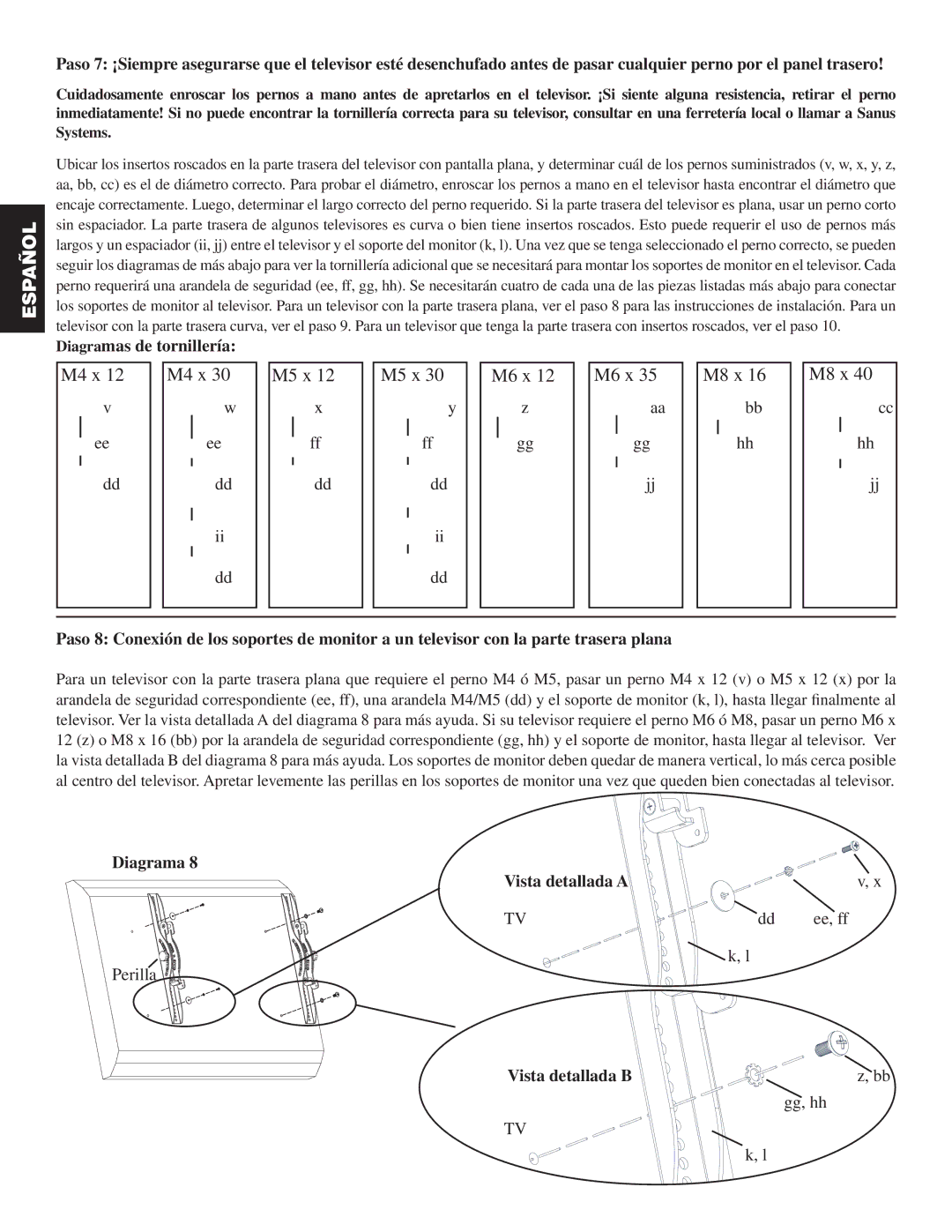 Sanus Systems PFFP manual Diagramas de tornillería, Diagrama Vista detallada a 