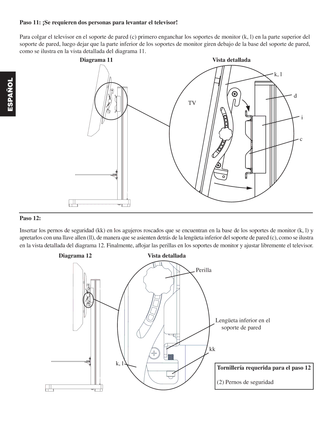 Sanus Systems PFFP manual Perilla Lengüeta inferior en el soporte de pared 