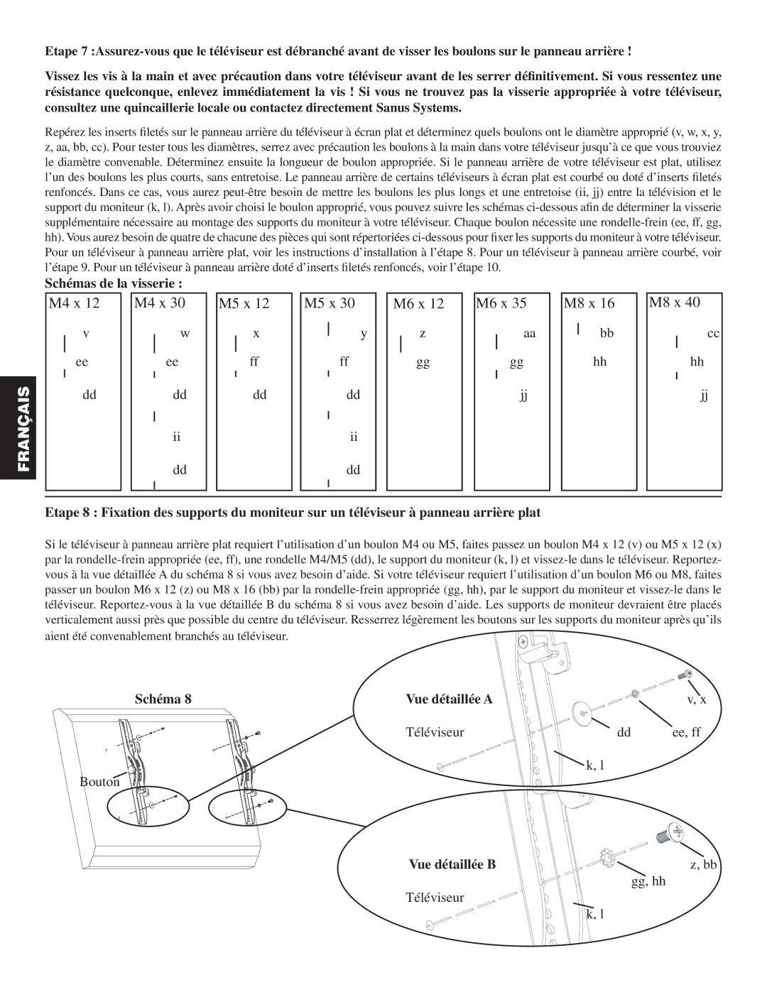 Sanus Systems PFFP manual Schémas de la visserie, Schéma Vue détaillée a 