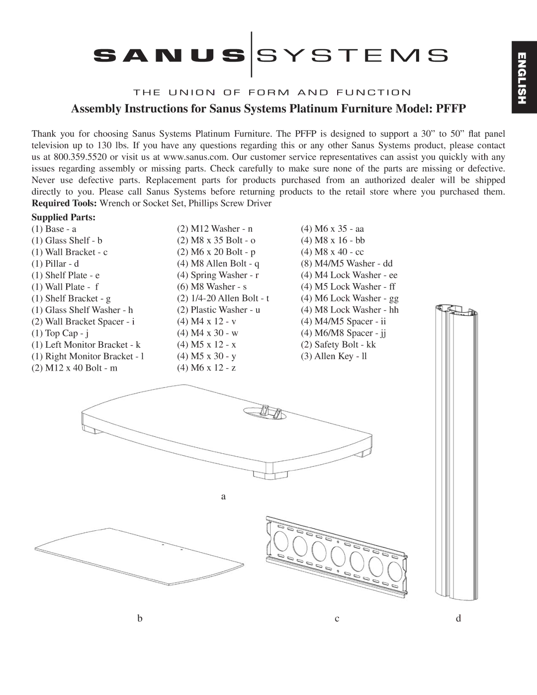 Sanus Systems PFFP manual Supplied Parts 