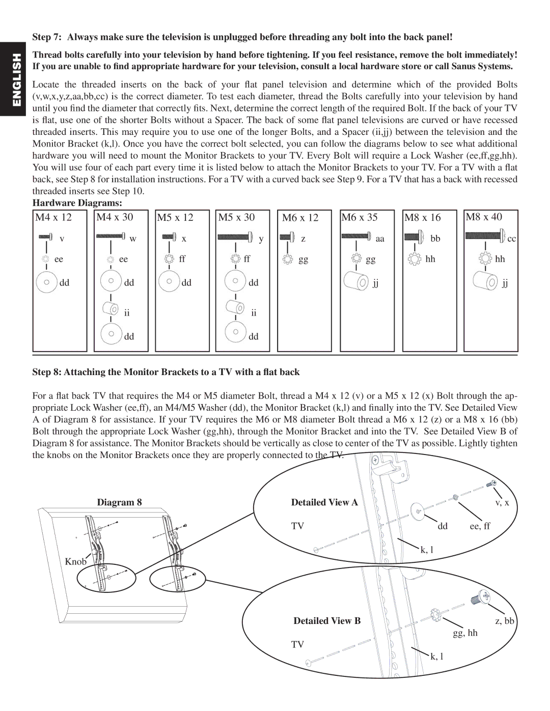 Sanus Systems PFFP Hardware Diagrams, Attaching the Monitor Brackets to a TV with a flat back, Diagram Detailed View a 