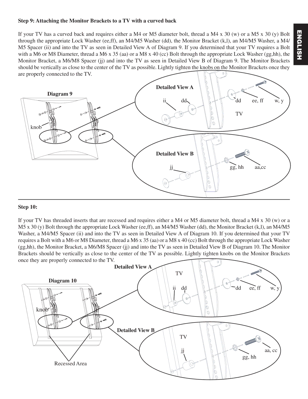 Sanus Systems PFFP manual Attaching the Monitor Brackets to a TV with a curved back, Detailed View a Diagram 