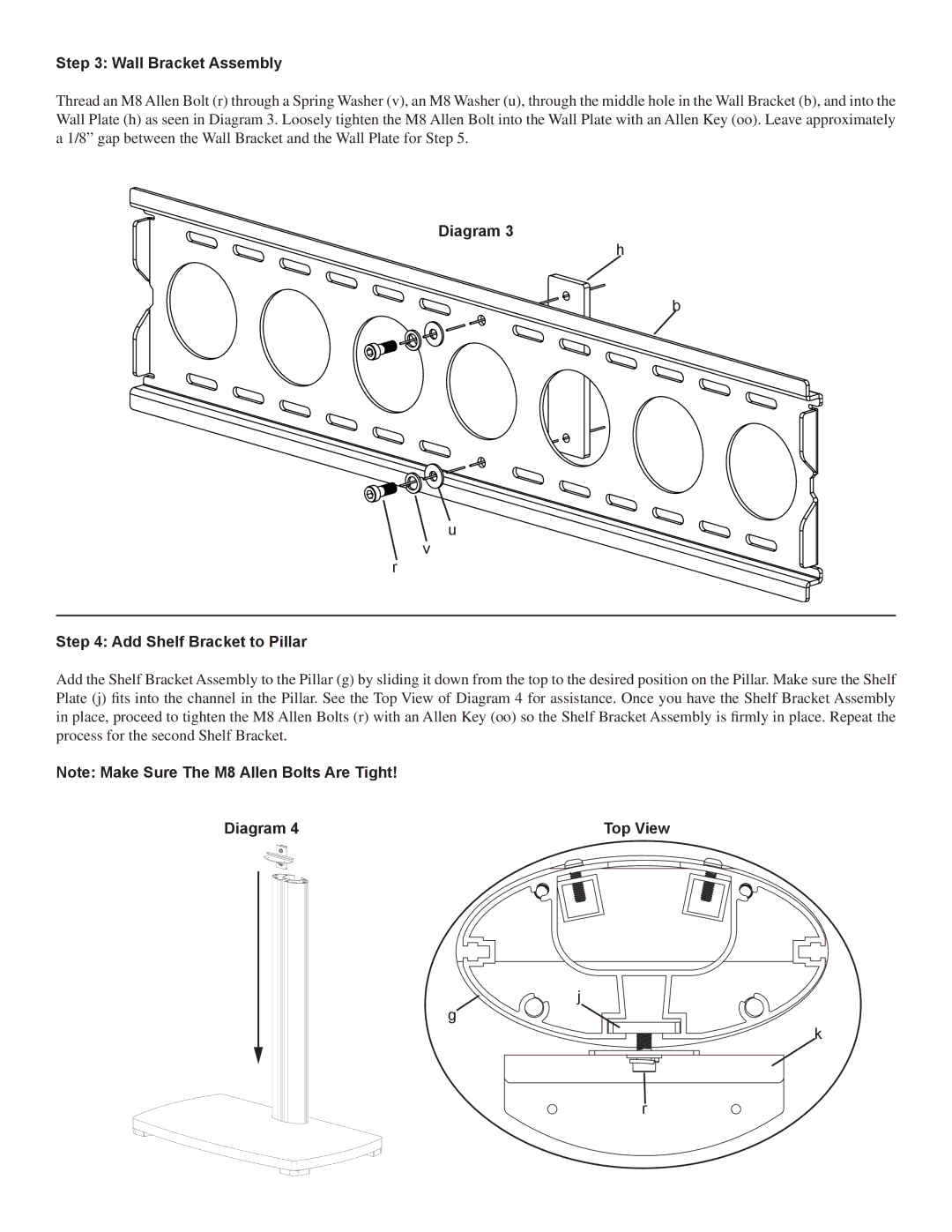 Sanus Systems PFFP2 manual Wall Bracket Assembly, Diagram Add Shelf Bracket to Pillar 