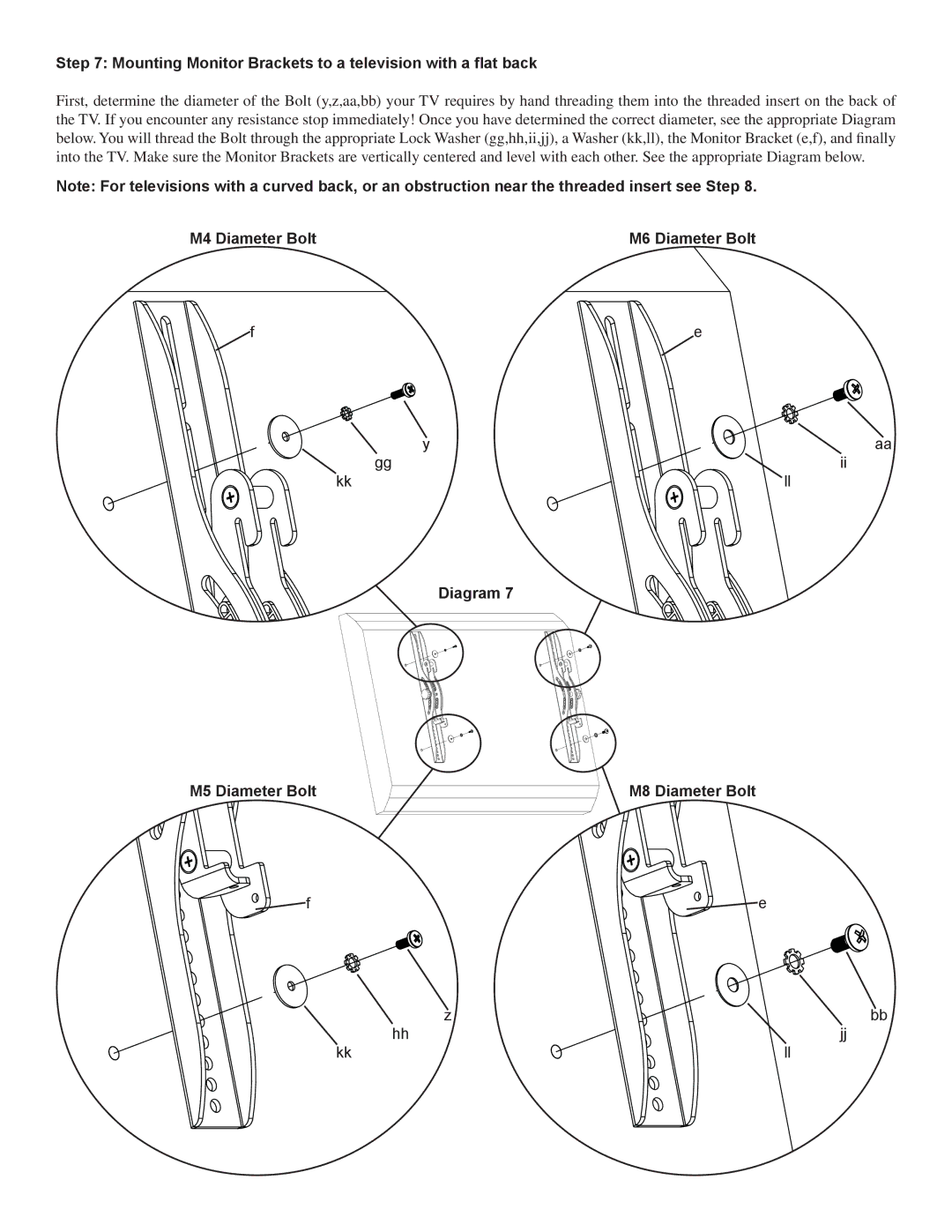 Sanus Systems PFFP2 manual Mounting Monitor Brackets to a television with a flat back 