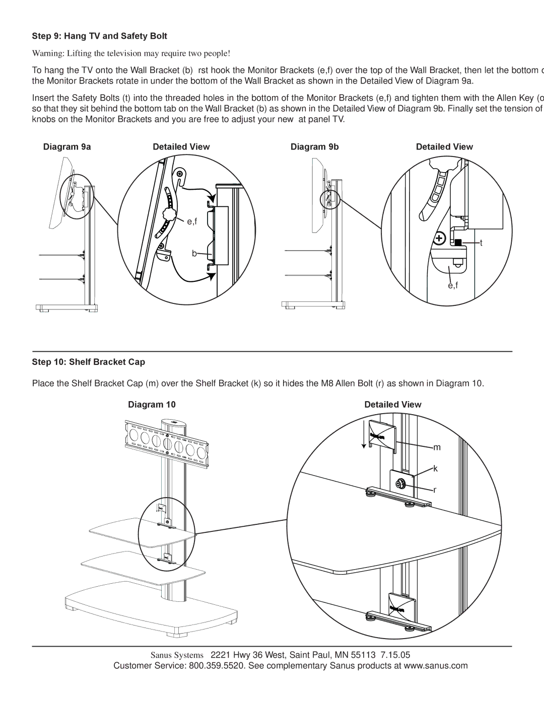 Sanus Systems PFFP2 manual Hang TV and Safety Bolt, Diagram 9a Detailed View Diagram 9b, Shelf Bracket Cap 