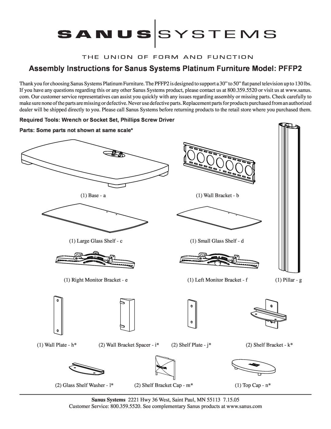 Sanus Systems PFFP2 manual Parts Some parts not shown at same scale 