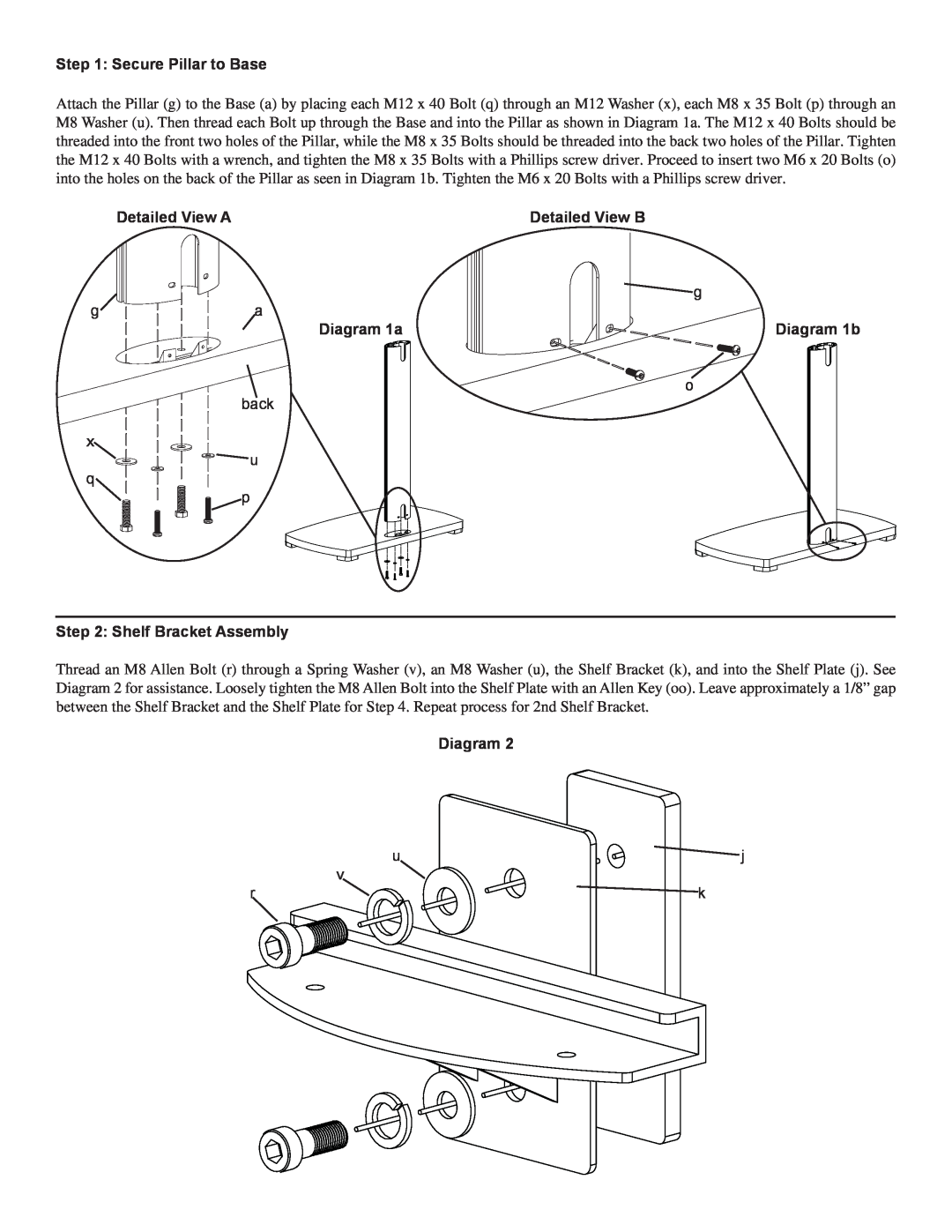 Sanus Systems PFFP2 manual Secure Pillar to Base, Detailed View A, Detailed View B, Diagram 1a, Shelf Bracket Assembly 
