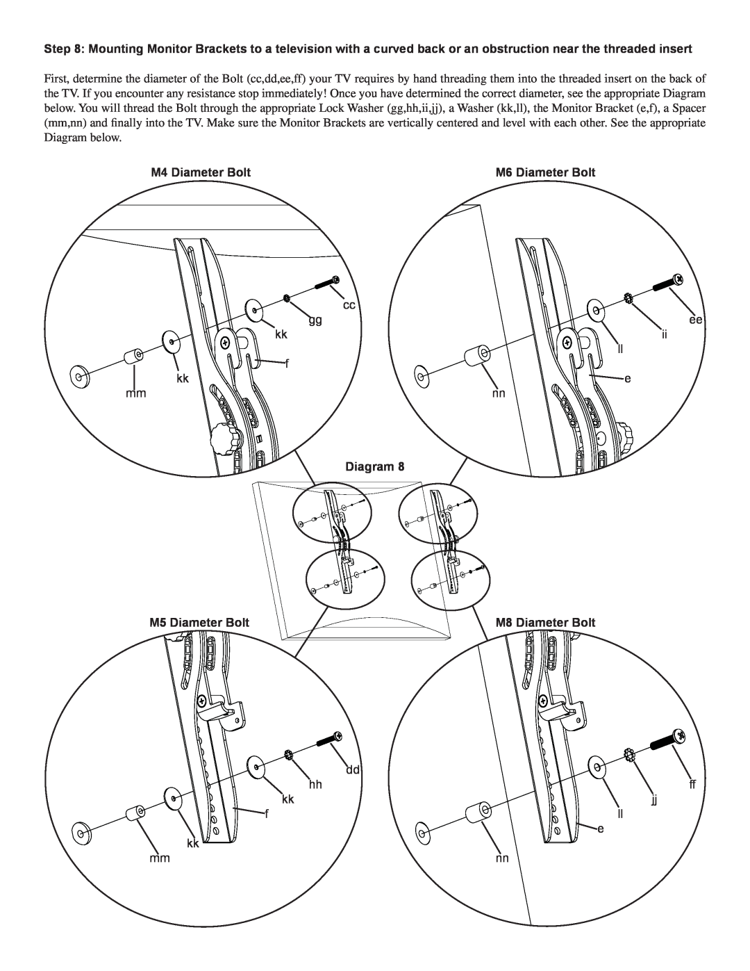 Sanus Systems PFFP2 manual M4 Diameter Bolt, M6 Diameter Bolt, Diagram, M5 Diameter Bolt, M8 Diameter Bolt 