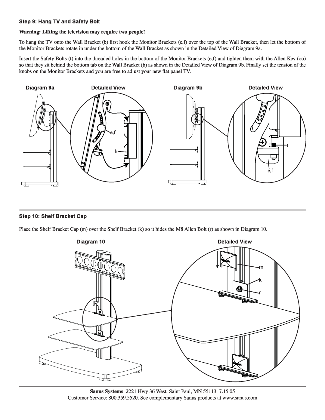 Sanus Systems PFFP2 manual Hang TV and Safety Bolt, Diagram 9a, Detailed View, Diagram 9b, Shelf Bracket Cap 