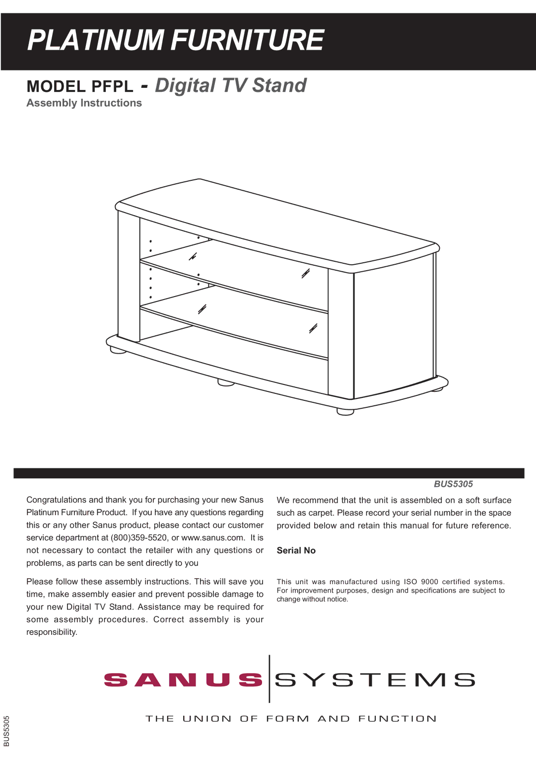 Sanus Systems PFPL specifications Platinum Furniture 