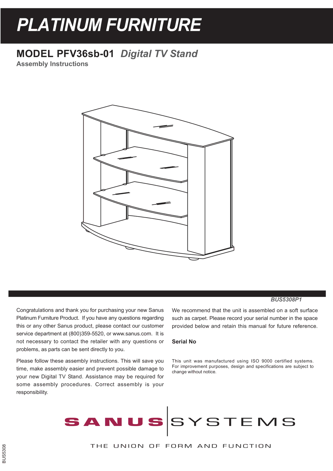 Sanus Systems PFV36SB-01 specifications Platinum Furniture 