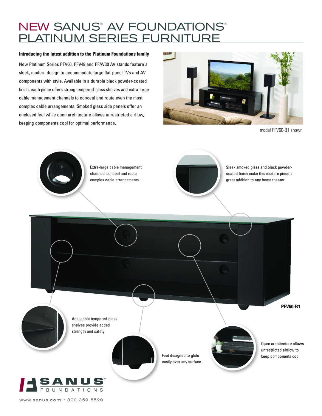 Sanus Systems PFV60-B1 manual NEW Sanus AV Foundations Platinum Series Furniture 