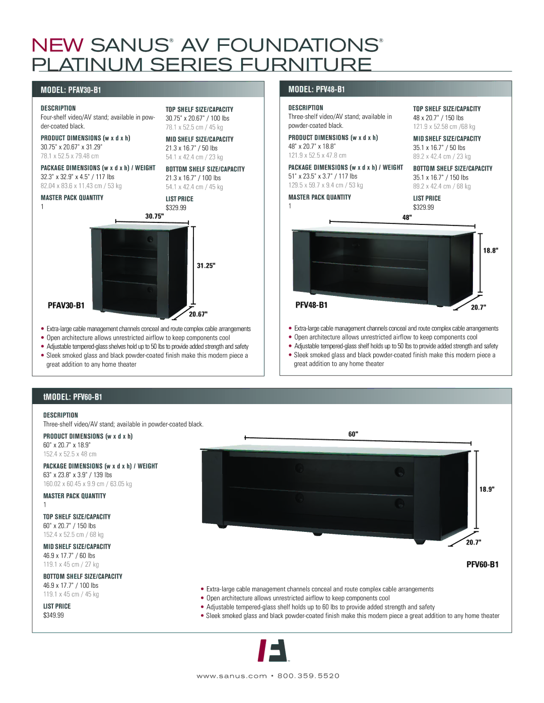 Sanus Systems manual Model PFAV30-B1 Model PFV48-B1, TMODEL PFV60-B1 