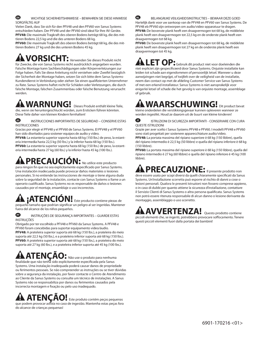 Sanus Systems PFV60, PFV48 important safety instructions 6901-170216 