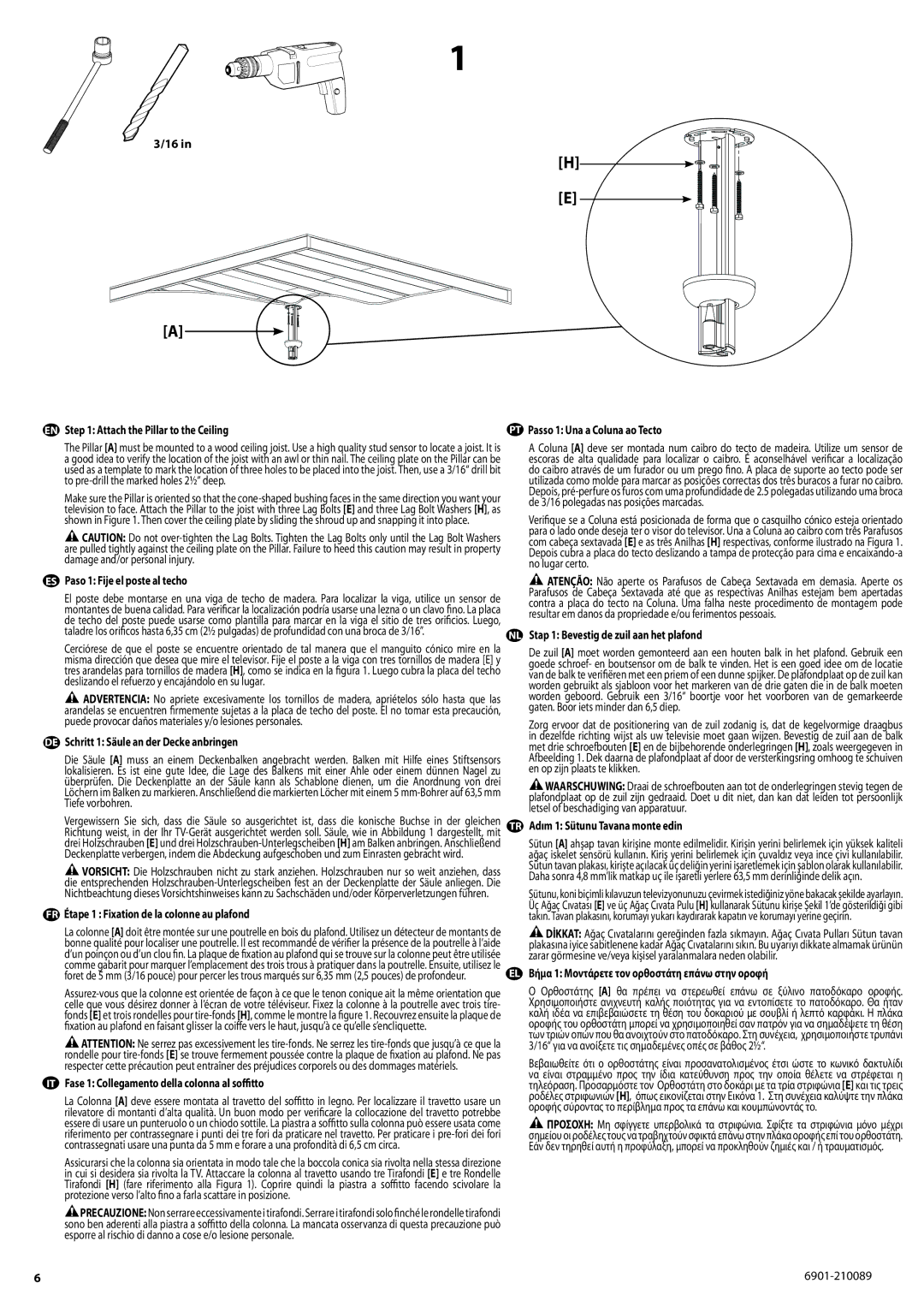 Sanus Systems SC1A EN Attach the Pillar to the Ceiling, ES Paso 1 Fije el poste al techo, PT Passo 1 Una a Coluna ao Tecto 