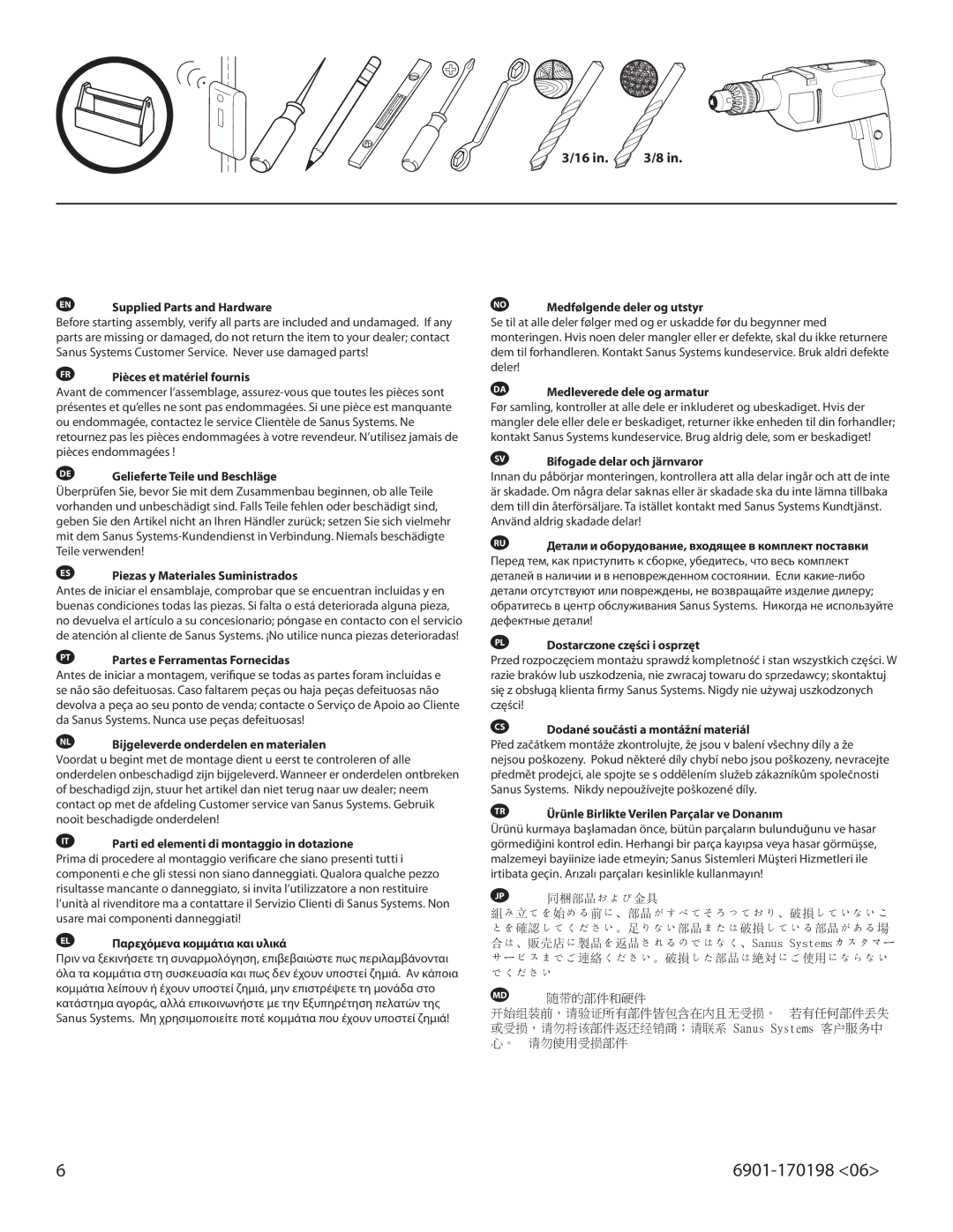 Sanus Systems SF203 EN Supplied Parts and Hardware, DE Gelieferte Teile und Beschläge, PT Partes e Ferramentas Fornecidas 