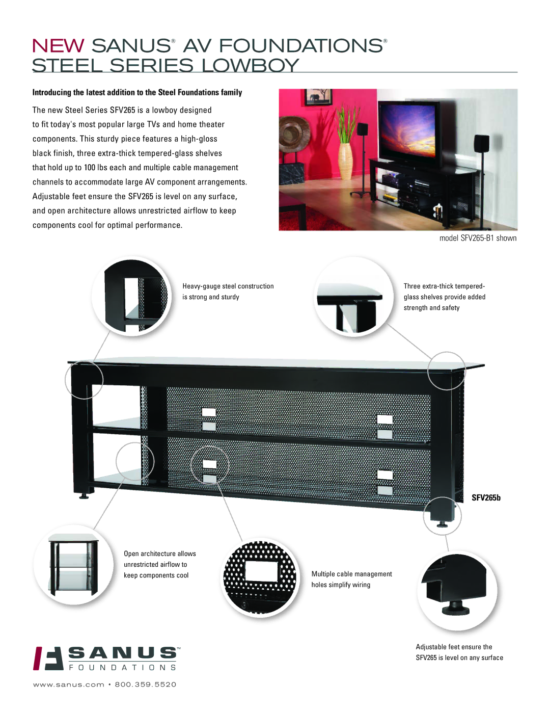 Sanus Systems SFV265-B1 manual NEW Sanus AV Foundations Steel Series Lowboy, New Steel Series SFV265 is a lowboy designed 