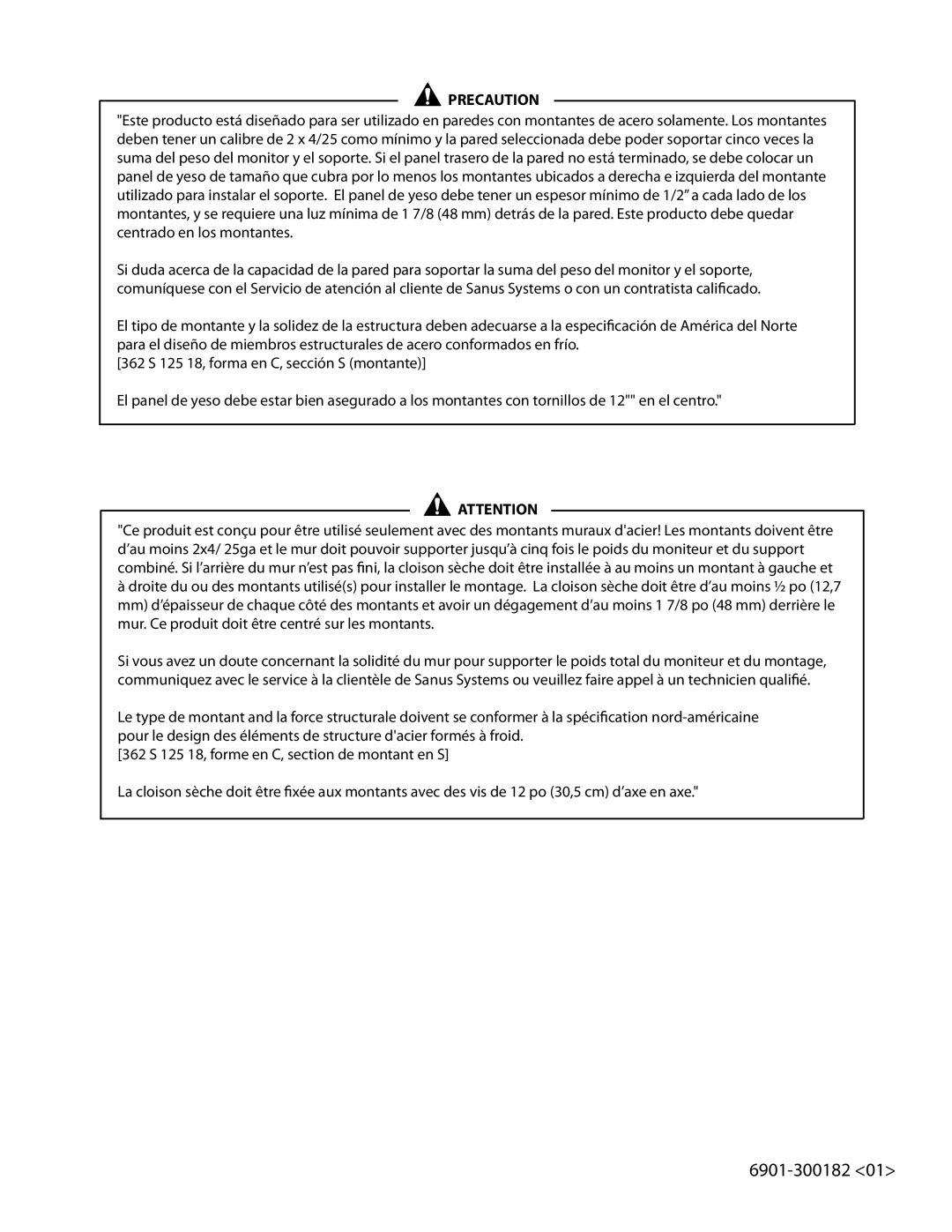 Sanus Systems SSMK1 manual Precaution 