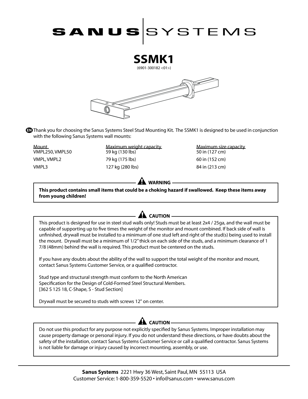 Sanus Systems SSMK1 manual Sanus Systems 2221 Hwy 36 West, Saint Paul, MN 55113 USA 