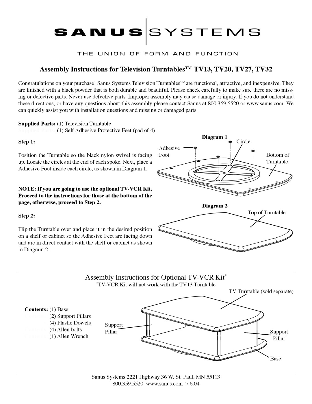 Sanus Systems TV27, TV20, TV32, TV13 manual Assembly Instructions for Optional TV-VCR Kit, Step, Diagram, Content s 