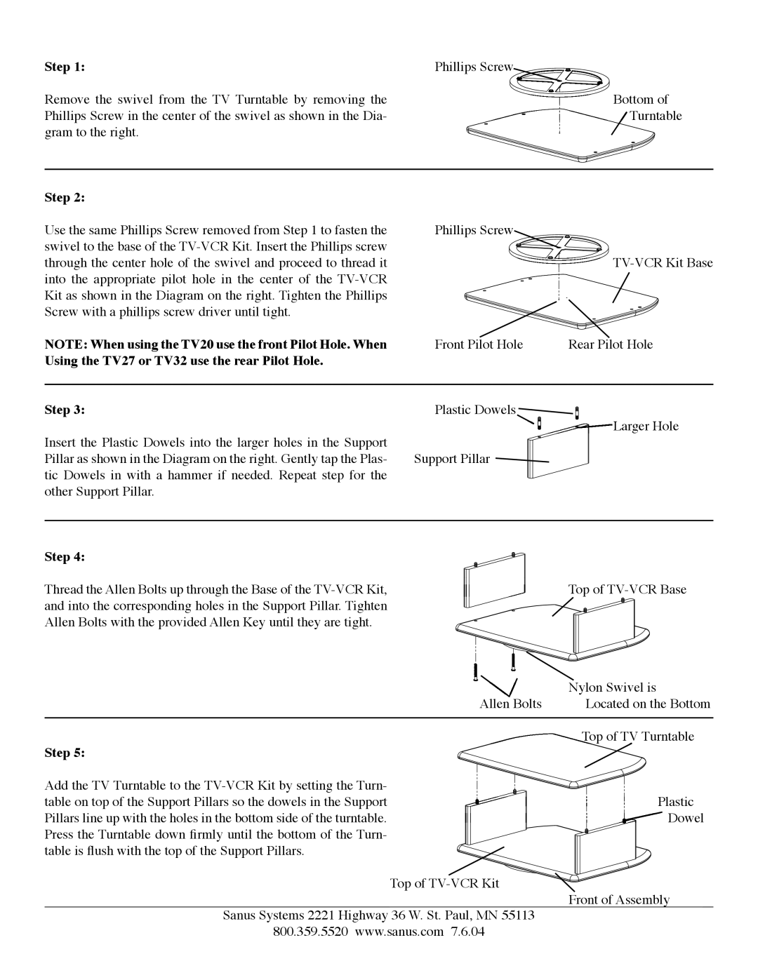 Sanus Systems TV-VCR, TV20, TV13 manual Using the TV27 or TV32 use the rear Pilot Hole Step 