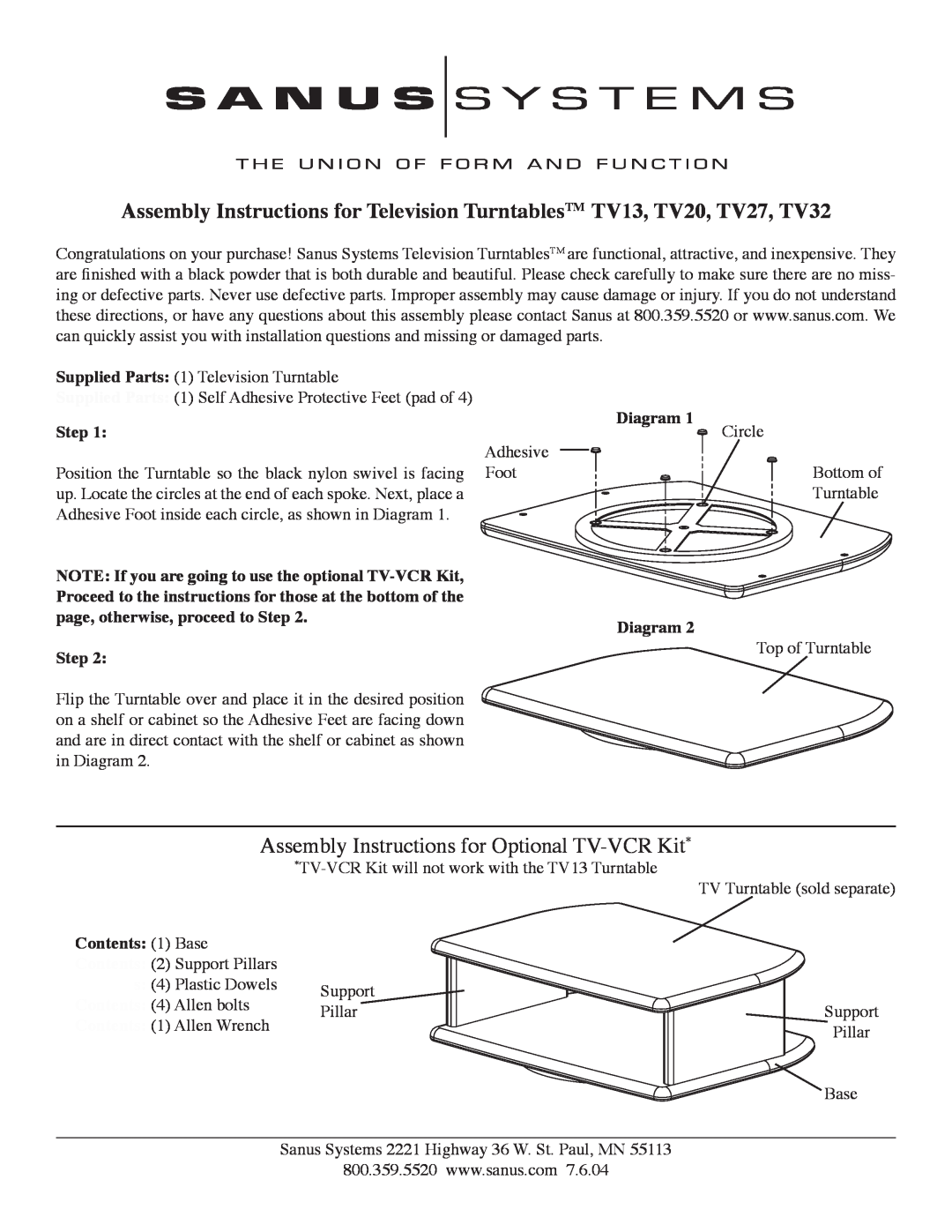 Sanus Systems TV27 manual page, otherwise, proceed to Step Diagram, Assembly Instructions for Optional TV-VCRKit 