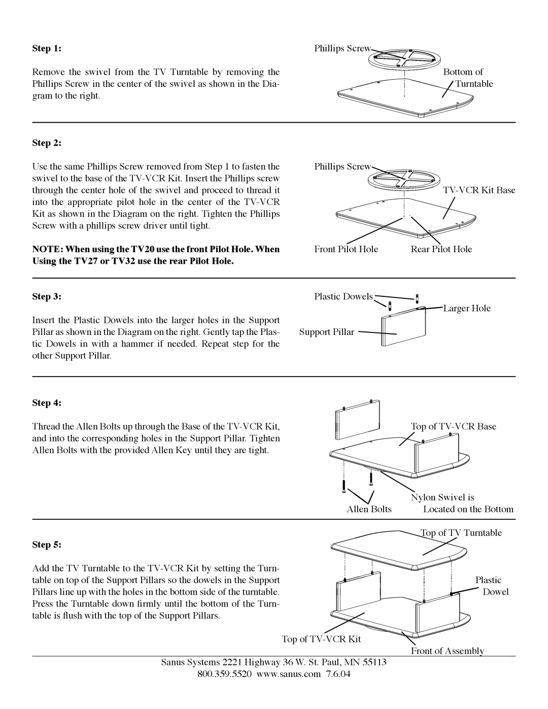 Sanus Systems TV-VCR, TV20, TV13 manual Using the TV27 or TV32 use the rear Pilot Hole, Step 