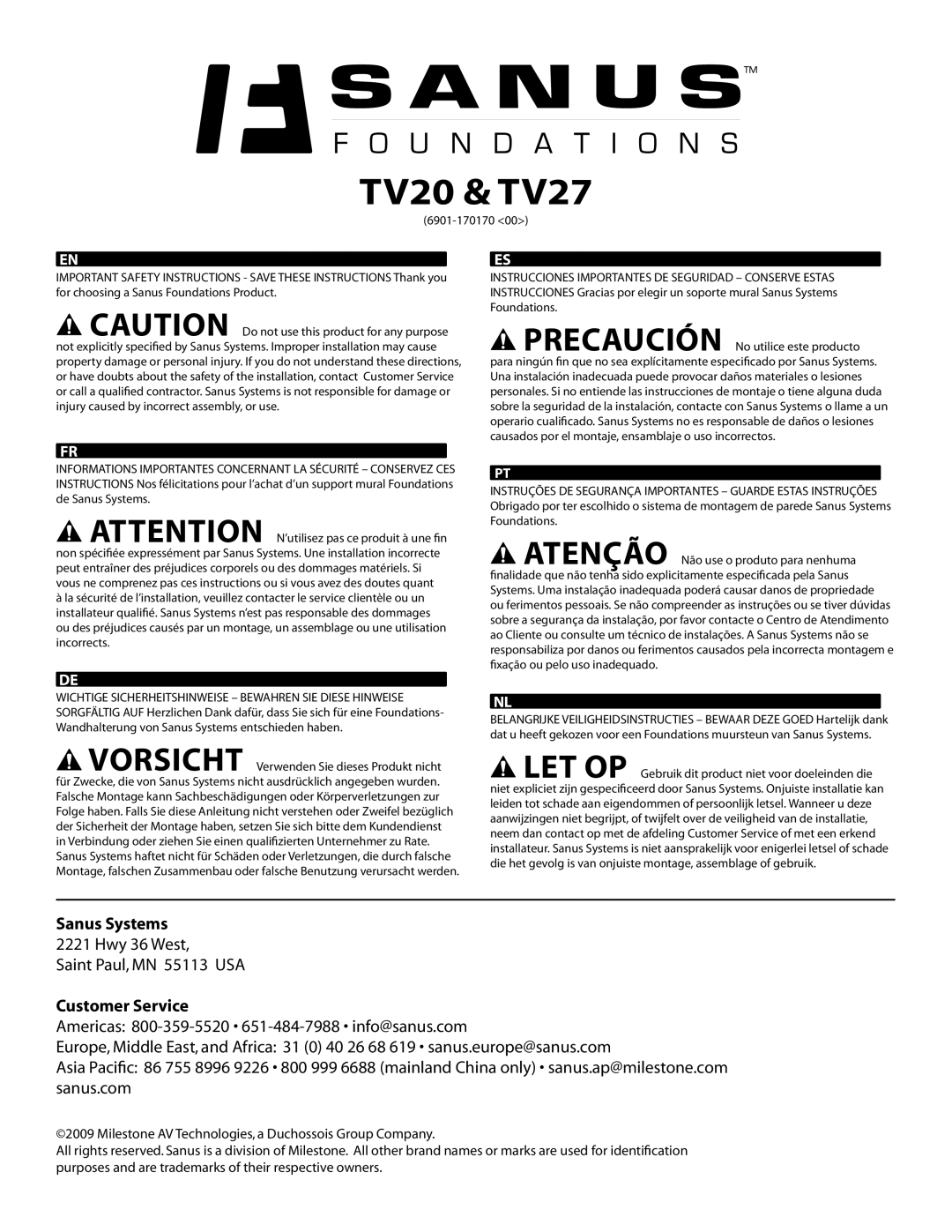 Sanus Systems important safety instructions TV20 & TV27 