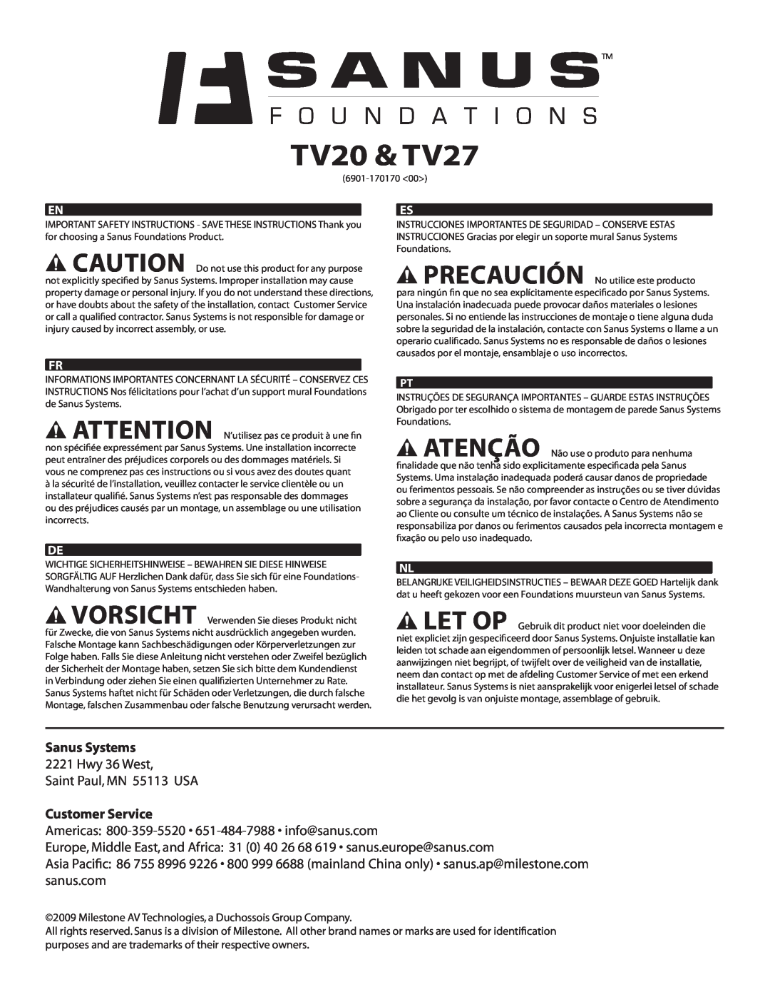 Sanus Systems important safety instructions TV20 & TV27, Sanus Systems, Customer Service 