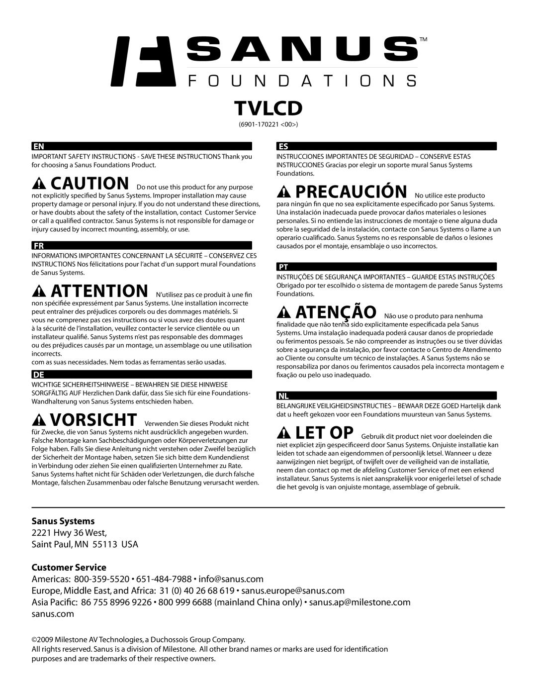 Sanus Systems TVLCD important safety instructions Tvlcd 