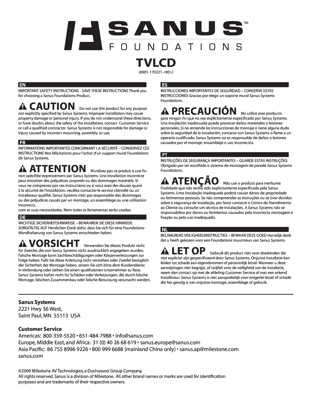 Sanus Systems TVLCD important safety instructions Tvlcd, Sanus Systems, Customer Service 