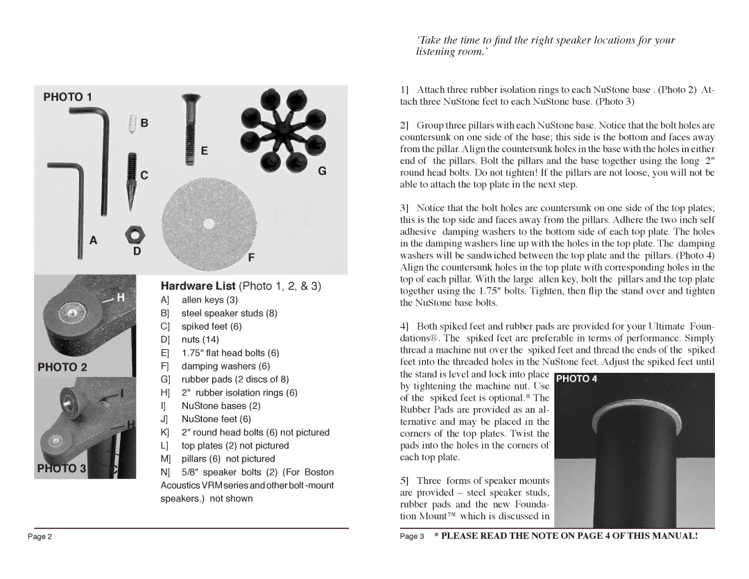 Sanus Systems UF34 instruction manual Hardware List Photo 1, 2, Photo 3 C 