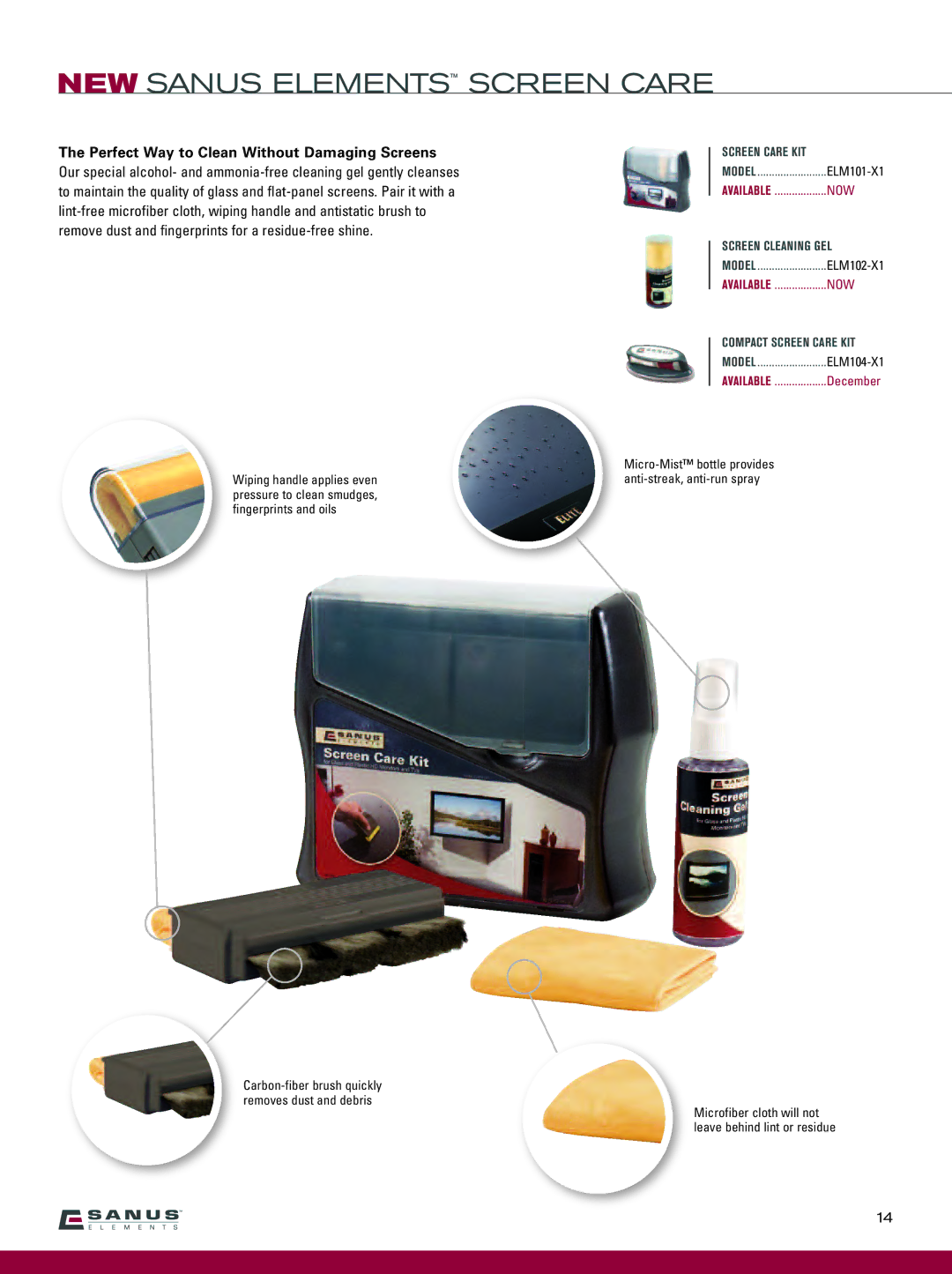 Sanus Systems VF2012-B1, VF2022-B1 manual NEW Sanus Elements Screen Care, Perfect Way to Clean Without Damaging Screens 