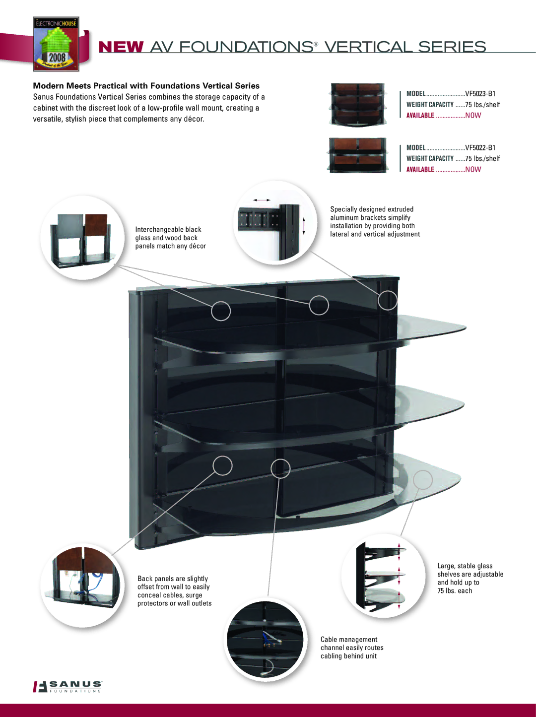 Sanus Systems VF2022-B1 manual NEW AV Foundations Vertical Series, Modern Meets Practical with Foundations Vertical Series 