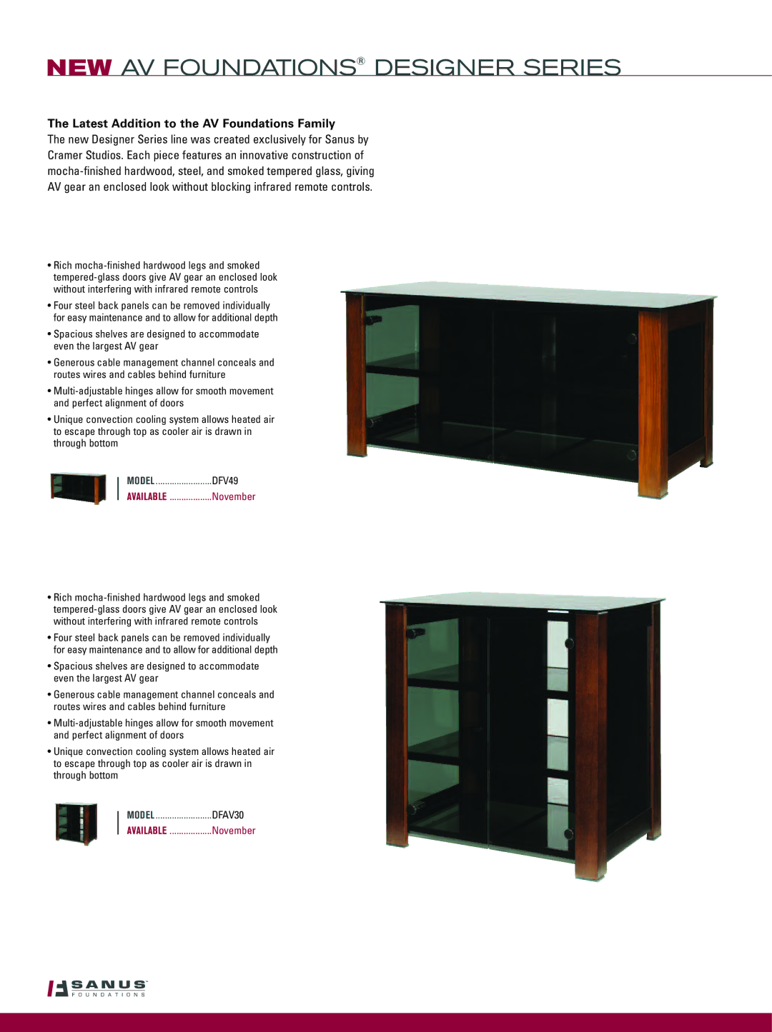 Sanus Systems VF2022-B1, VF2012-B1 manual NEW AV Foundations Designer Series, Latest Addition to the AV Foundations Family 