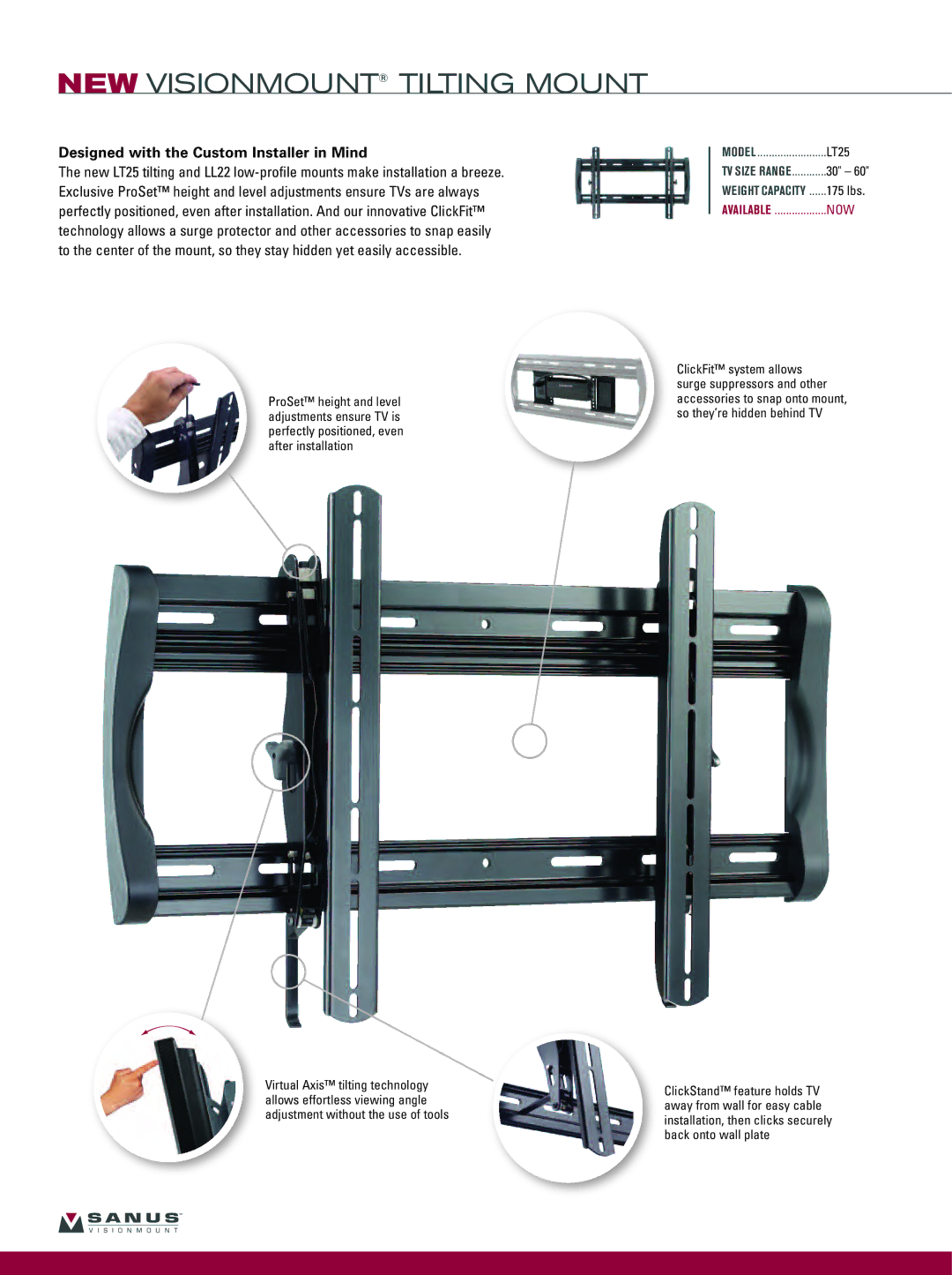 Sanus Systems VF2022-B1, VF2012-B1 manual NEW Visionmount Tilting Mount, Designed with the Custom Installer in Mind 