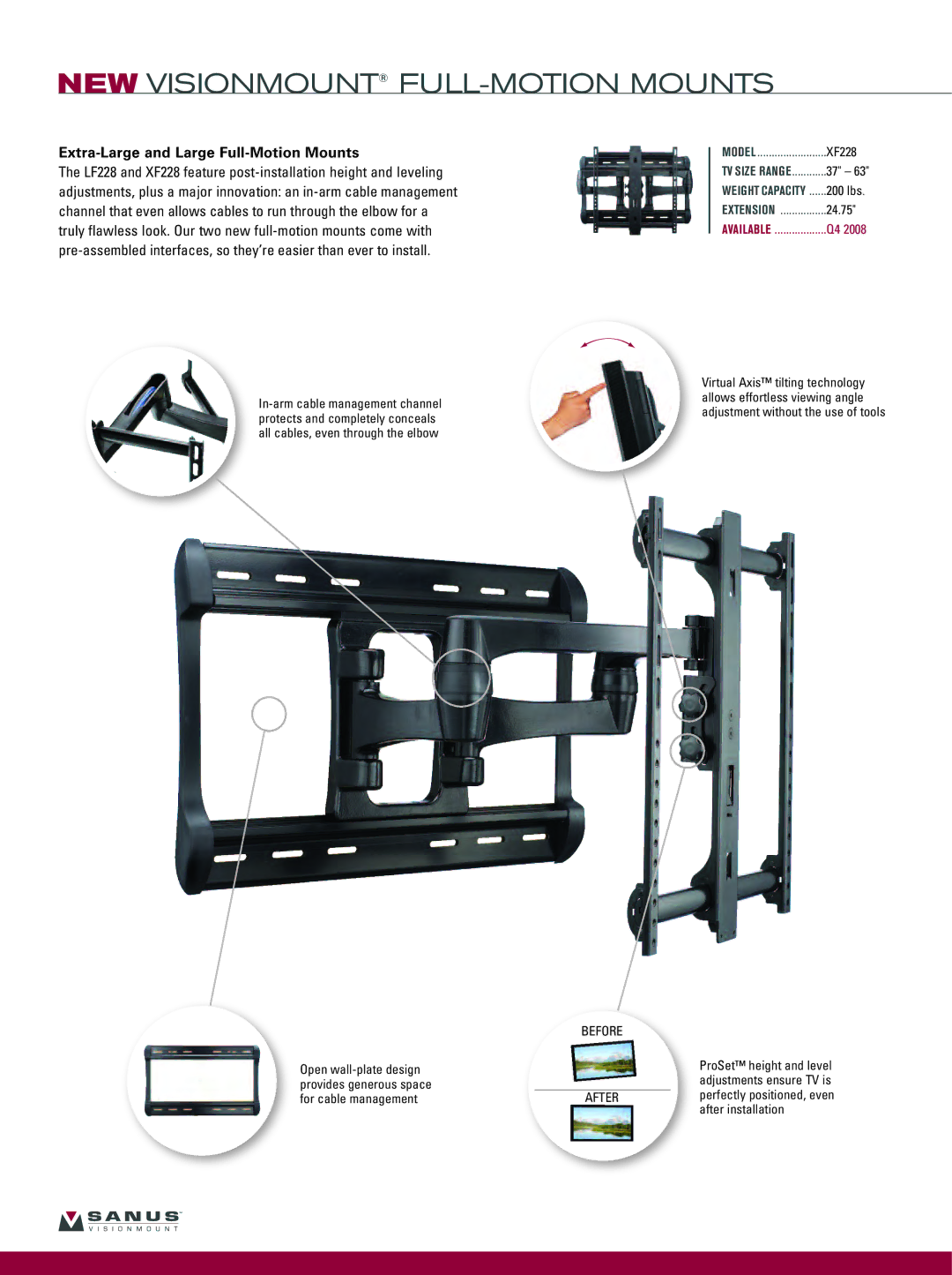 Sanus Systems VF2022-B1, VF2012-B1 manual NEW Visionmount FULL-MOTION Mounts, Extra-Large and Large Full-Motion Mounts 