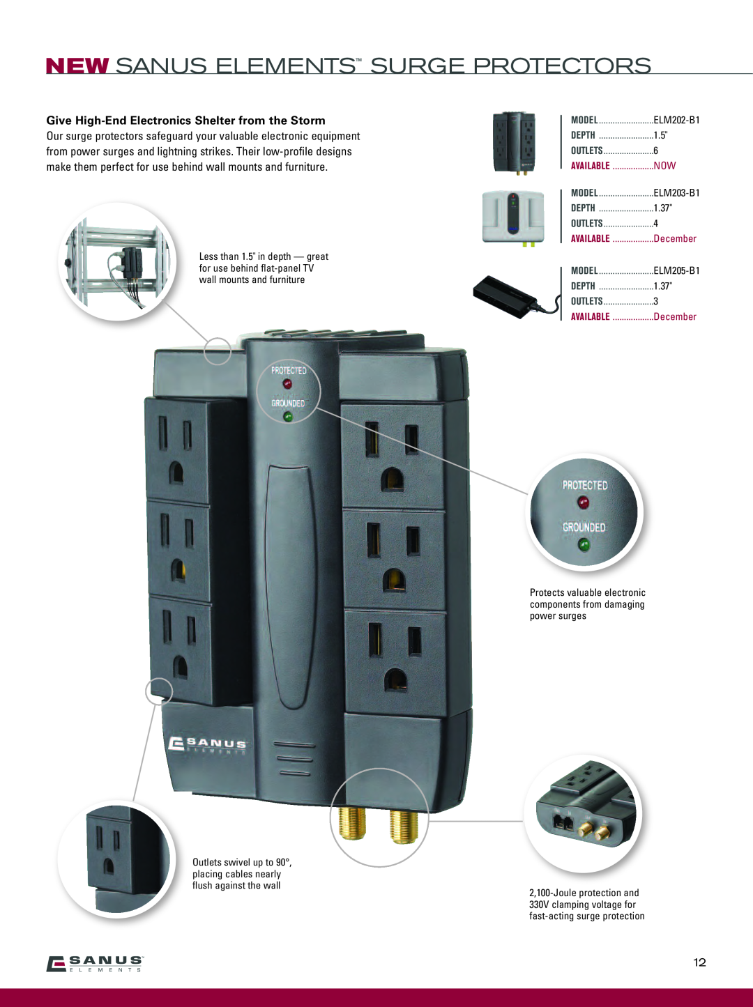 Sanus Systems VF2012-B1 manual New Sanus Elements Surge Protectors, Give High-EndElectronics Shelter from the Storm, 1.37 