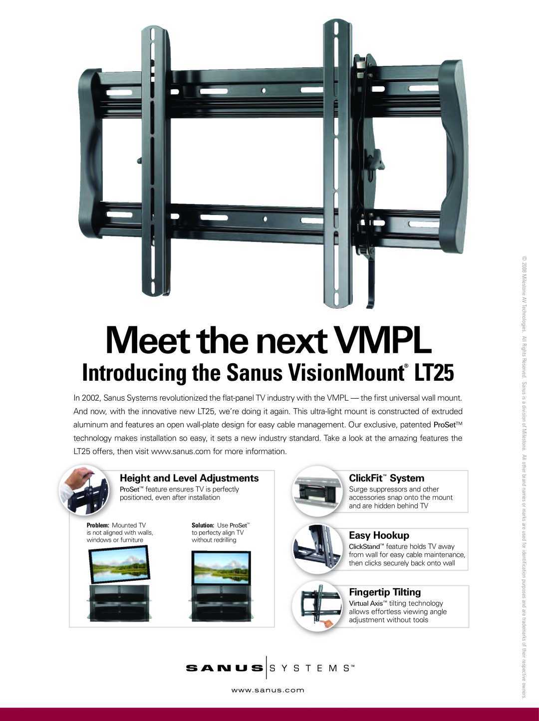 Sanus Systems VF2022-B1 manual Meet the next VMPL, Introducing the Sanus VisionMount LT25, Height and Level Adjustments 