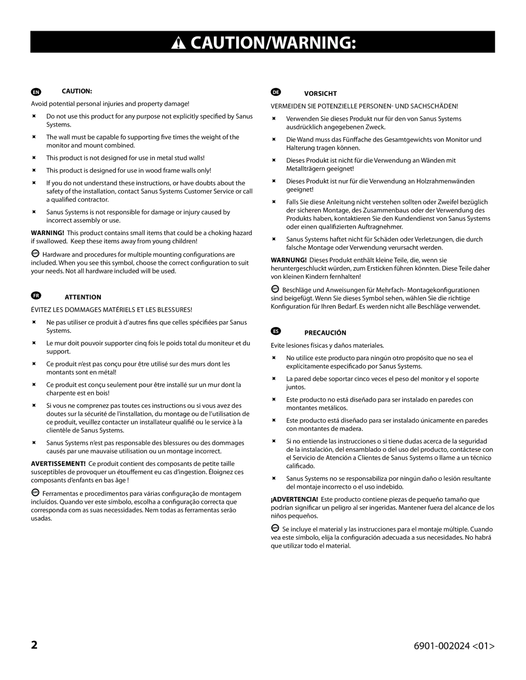 Sanus Systems VLF210 important safety instructions 6901-002024 