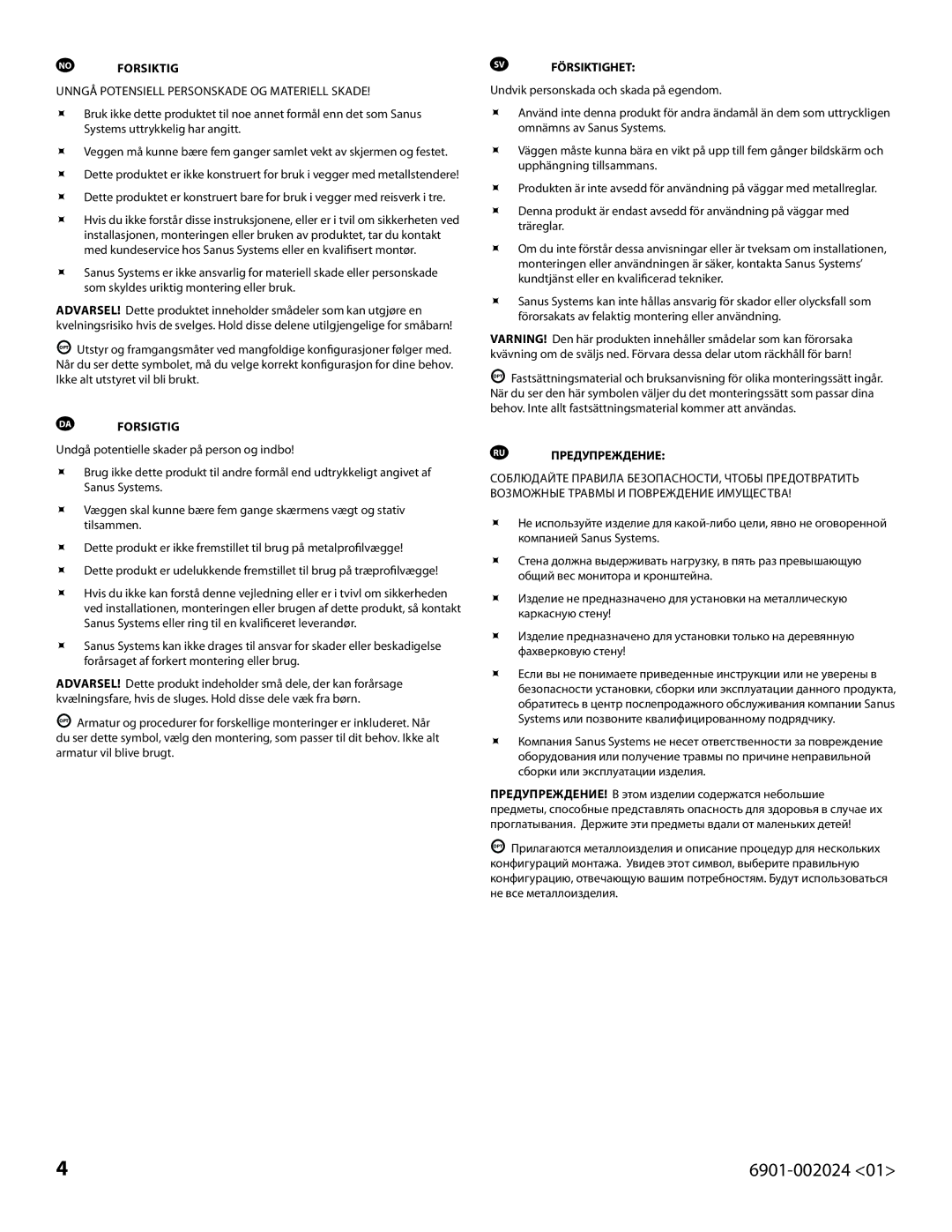 Sanus Systems VLF210, 6901-002024 important safety instructions No Forsiktig 