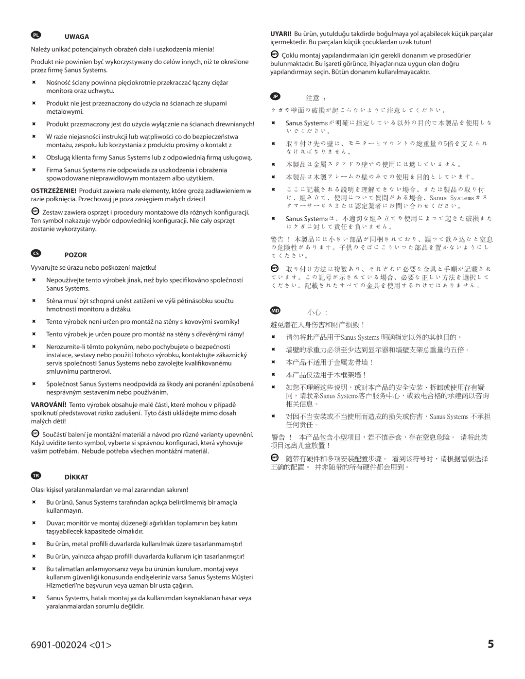 Sanus Systems 6901-002024, VLF210 important safety instructions PL Uwaga 