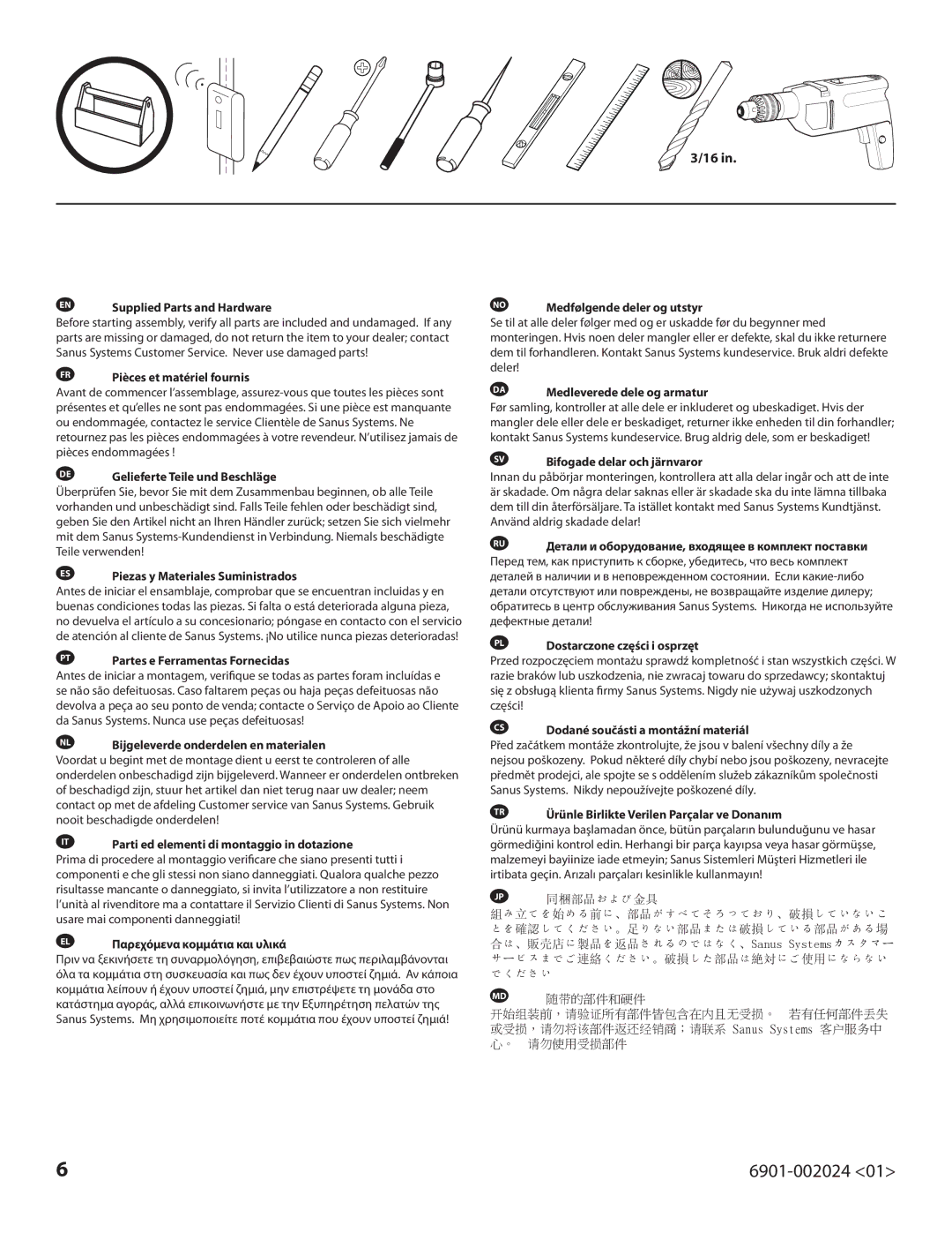 Sanus Systems VLF210, 6901-002024 important safety instructions EN Supplied Parts and Hardware, Använd aldrig skadade delar 