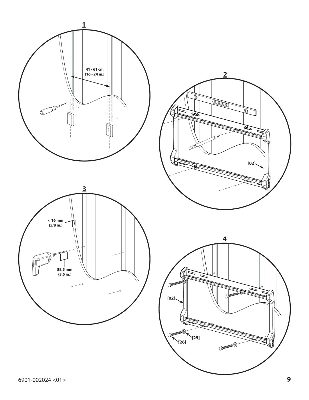 Sanus Systems 6901-002024, VLF210 important safety instructions 41 61 cm 16 24 Mm 5/8 88.5 mm 