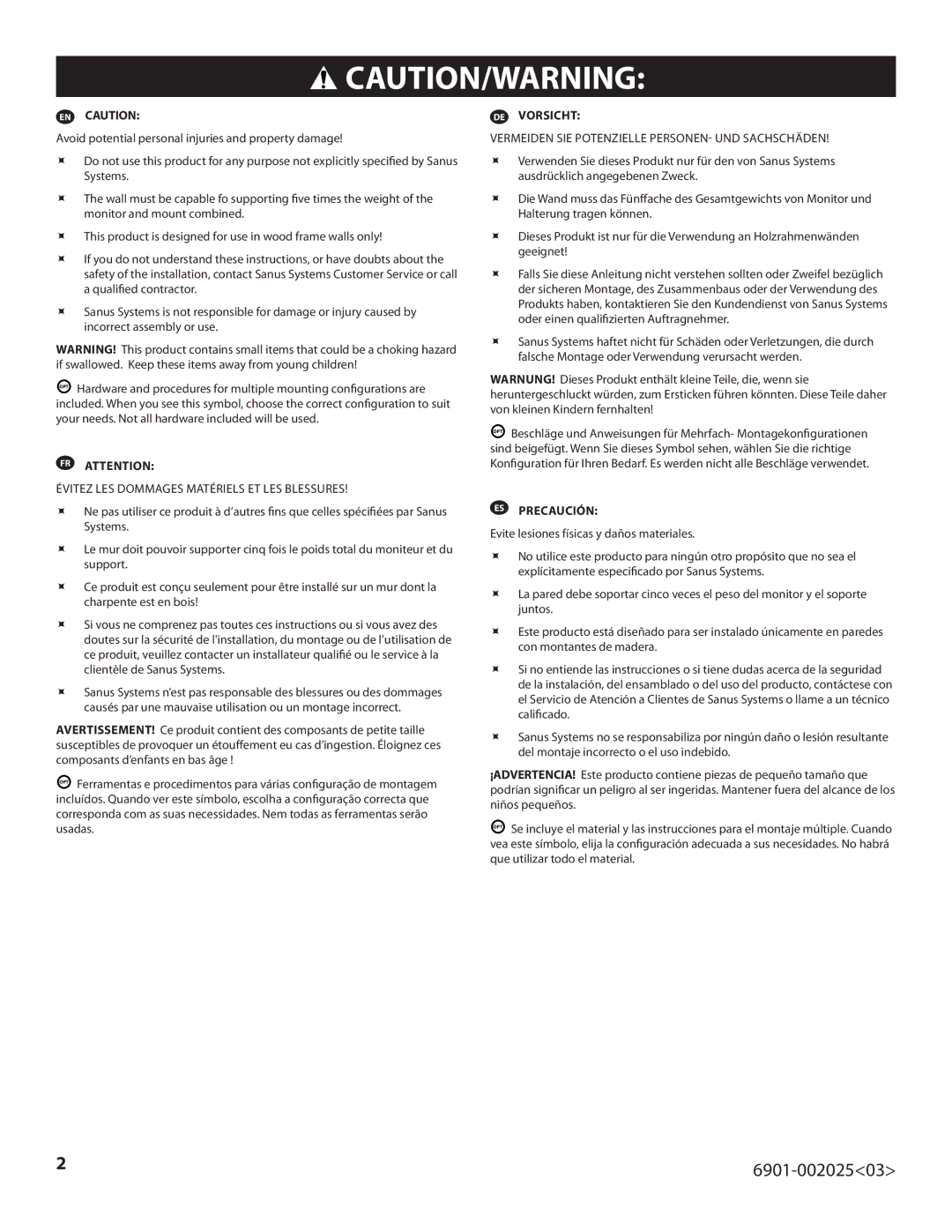 Sanus Systems VLF220 important safety instructions 6901-00202503 