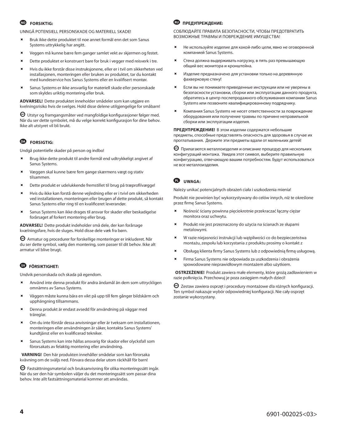 Sanus Systems VLF220 important safety instructions No Forsiktig 