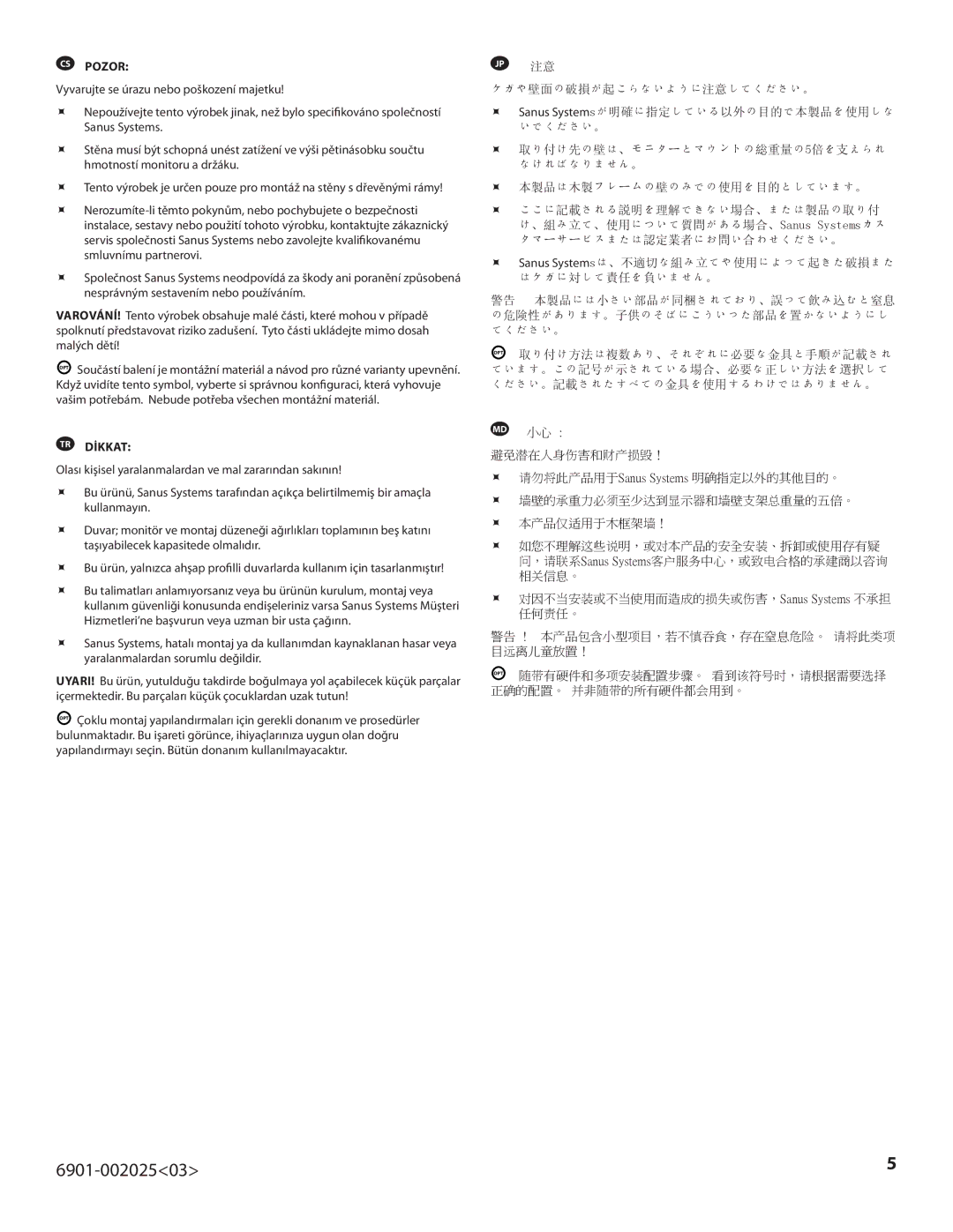 Sanus Systems VLF220 important safety instructions ケガや壁面の破損が起こらないように注意してください。,  本製品は木製フレームの壁のみでの使用を目的としています。 