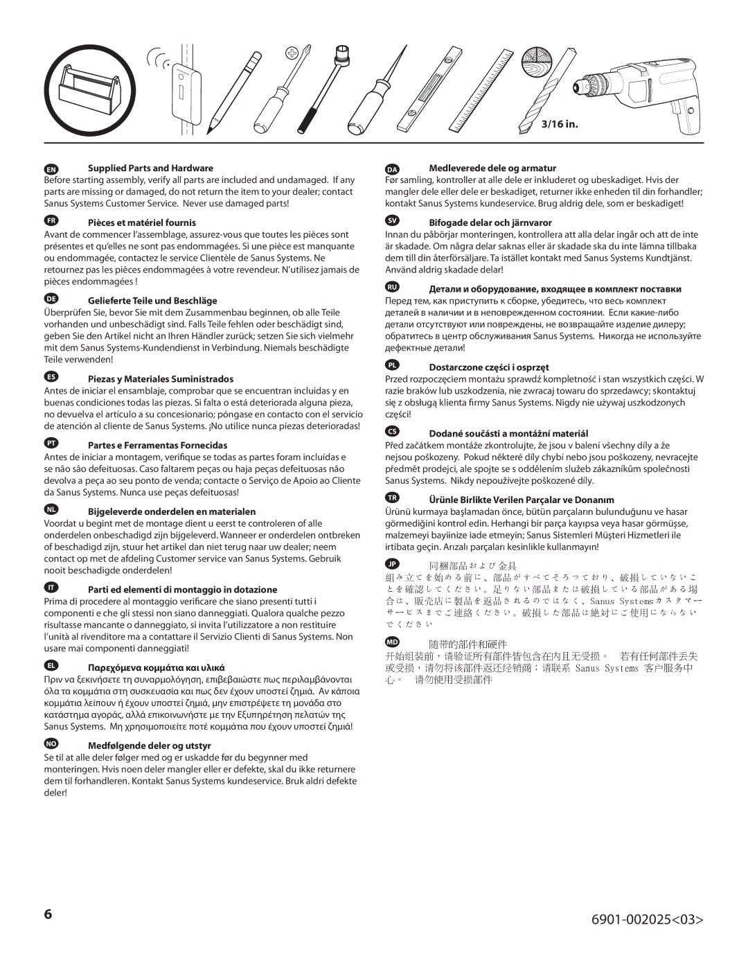 Sanus Systems VLF220 important safety instructions Använd aldrig skadade delar, Jp 同梱部品および金具 